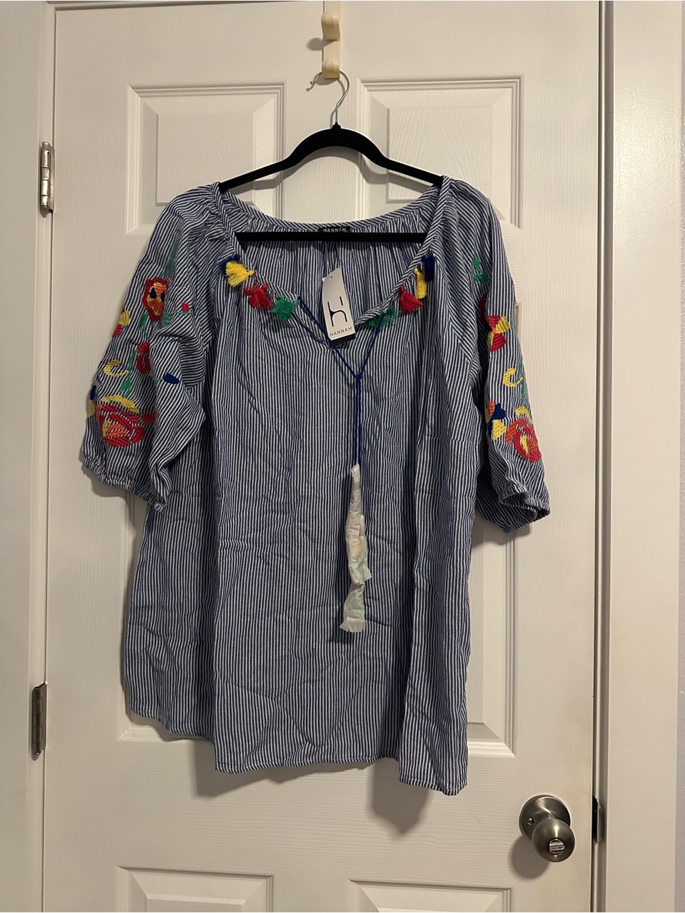 Hannah Blue & White Striped Embroidered Peasant Tunic